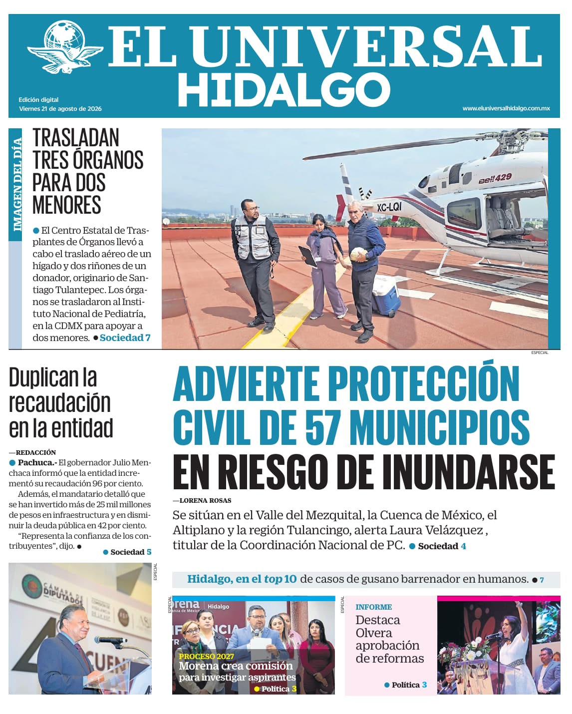 Portada El Universal Hidalgo 21/8/26
