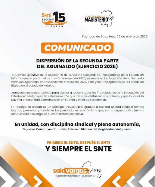 Retrasan segunda parte del aguinaldo a docentes de Hidalgo | Facebook: SNTE Sección 15