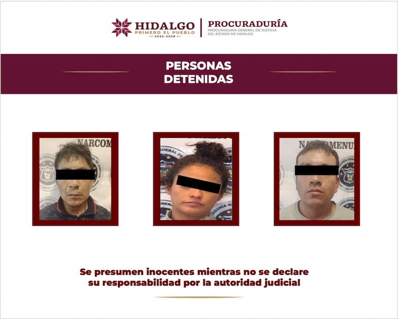Tres detenidos en Tezontepec de Aldama; aseguran arma, droga y vehículo con reporte de robo | Fotos: PGJEH