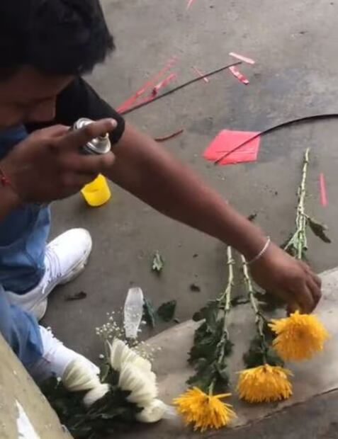 Hombre se hace viral por pintar flores blancas de color amarillo | Captura de video