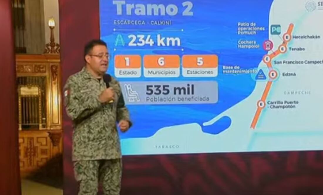 El general Óscar David Lozano Águila informó que ya está concluido el tramo 2 del Tren Maya | Captura de video