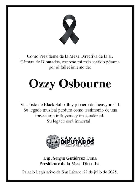 Esquela realizada por la Cámara de diputados tras la muerte de Ozzy Osbourne I Foto: @Mx_Diputados