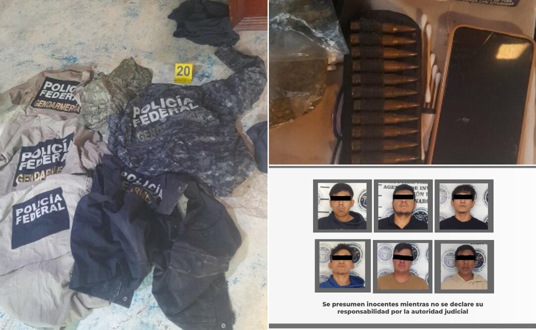Mediante un cateo por narcomenudeo en Zempoala, la PGJEH aseguró hierba mariguana, cartuchos útiles de arma de fuego, un chaleco balístico, prendas con la leyenda “POLICÍA FEDERAL” y teléfonos celulares; en el operativo también fueron detenidas seis personas Foto: PGJEH