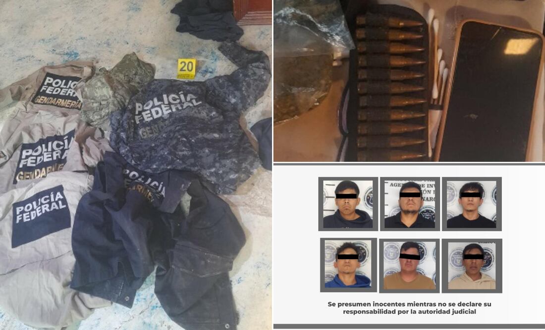 Mediante un cateo por narcomenudeo en Zempoala, la PGJEH aseguró hierba mariguana, cartuchos útiles de arma de fuego, un chaleco balístico, prendas con la leyenda “POLICÍA FEDERAL” y teléfonos celulares; en el operativo también fueron detenidas seis personas Foto: PGJEH