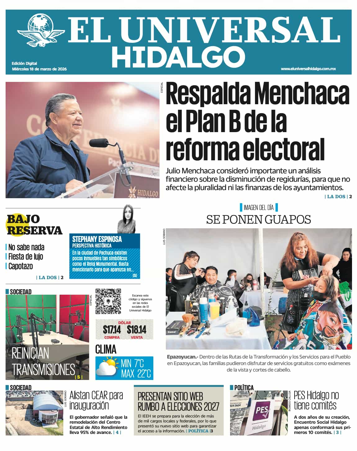 Portada EL Universal Hidalgo 18/3/26