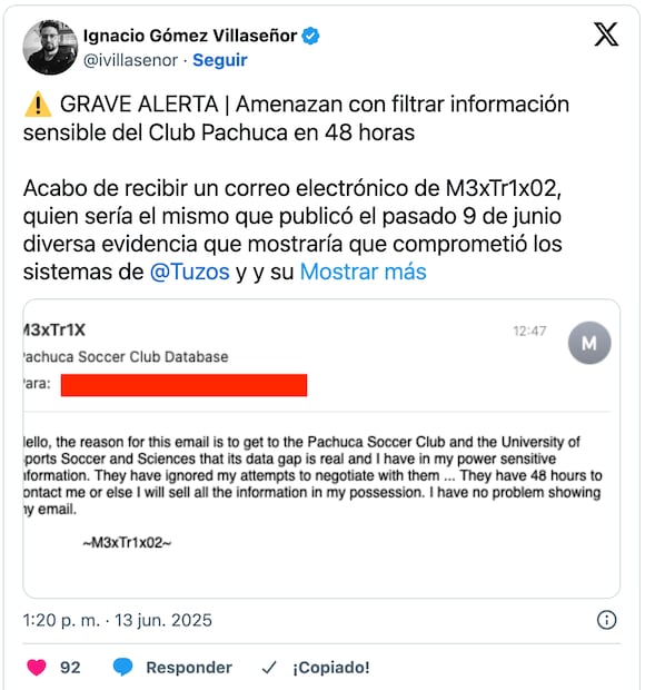 El presunto hacker identificado como M3xTr1x02 comenzó a cumplir su amenaza de filtrar información presuntamente robada de los sistemas del club de futbol Pachuca