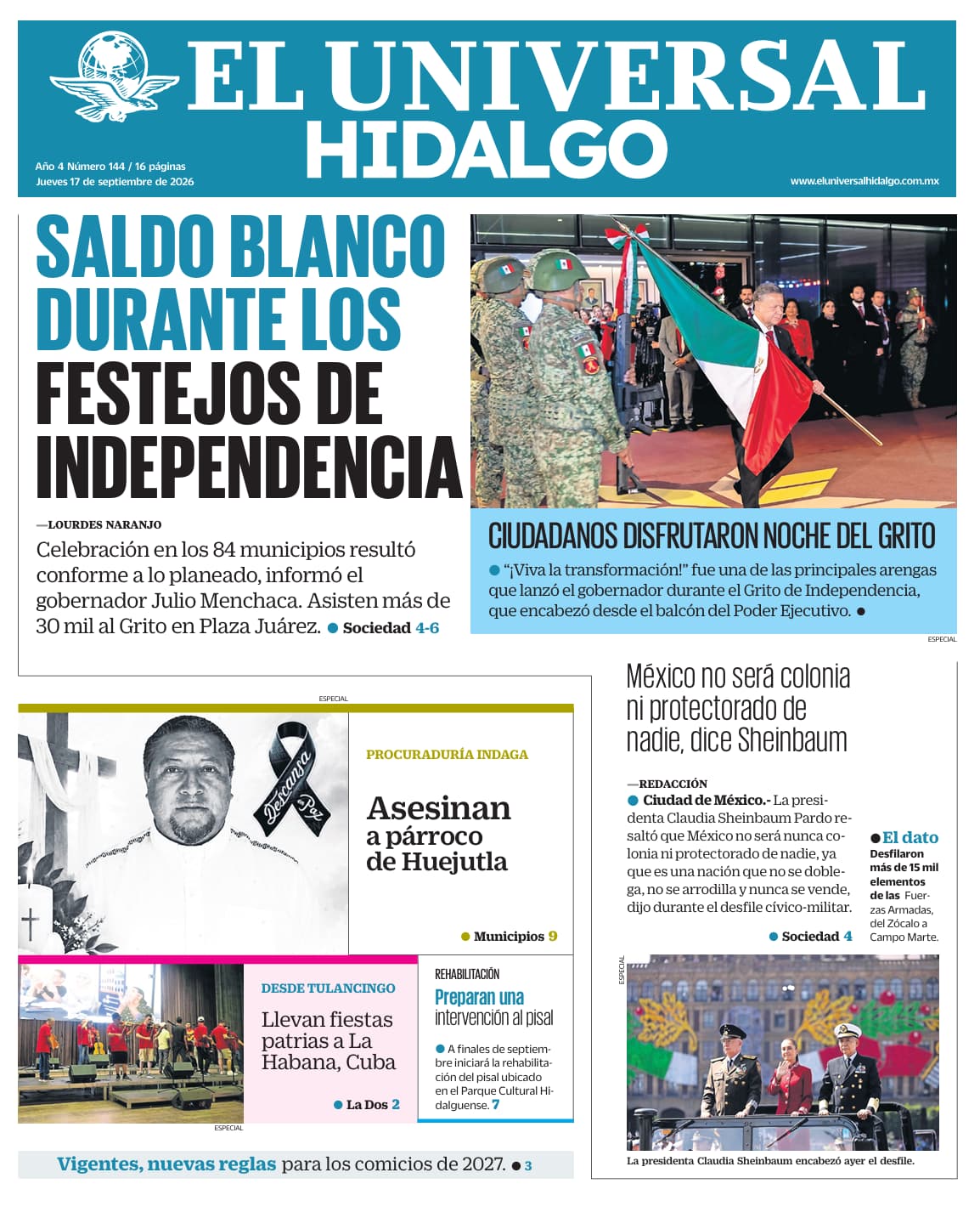 Portada El Universal Hidalgo 17/9/26