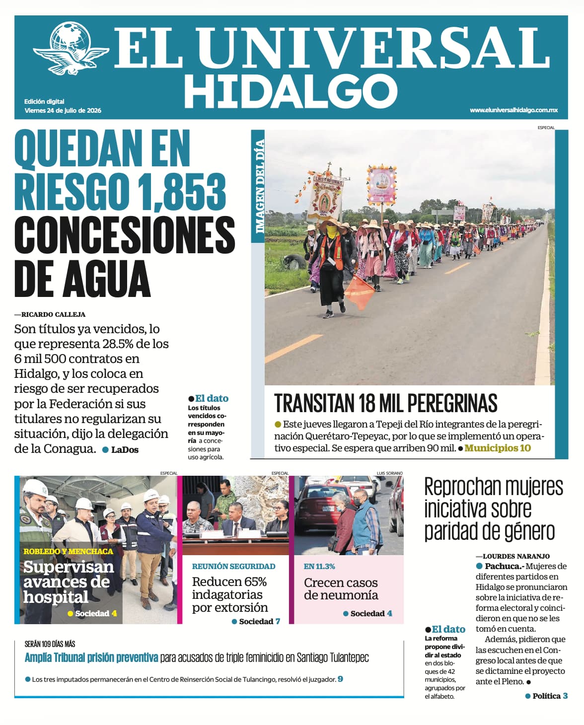 Portada El Universal Hidalgo 24/7/26