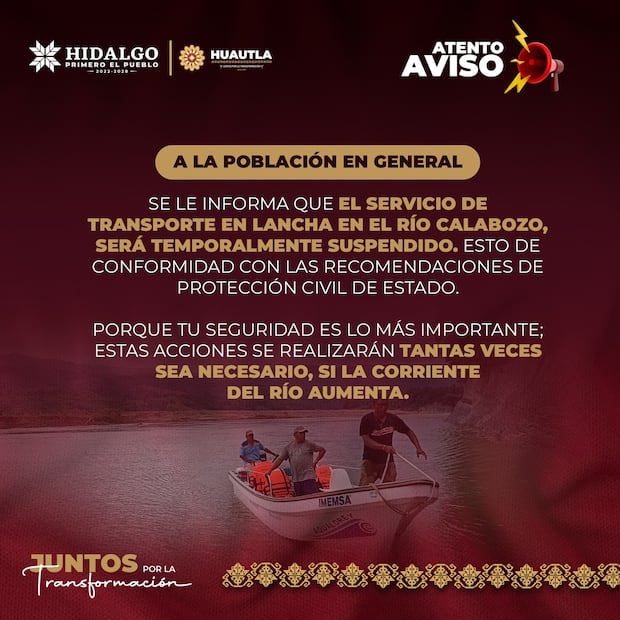 Rescatan con vida a cuatro personas arrastradas por la corriente del río Calabozo | Facebook: Presidencia Municipal de Huautla Hidalgo 2024-2027