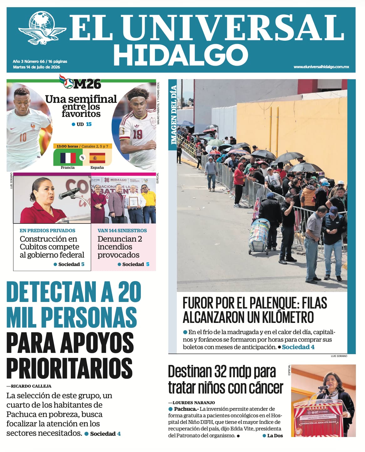 Portada El Universal Hidalgo 14/7/26