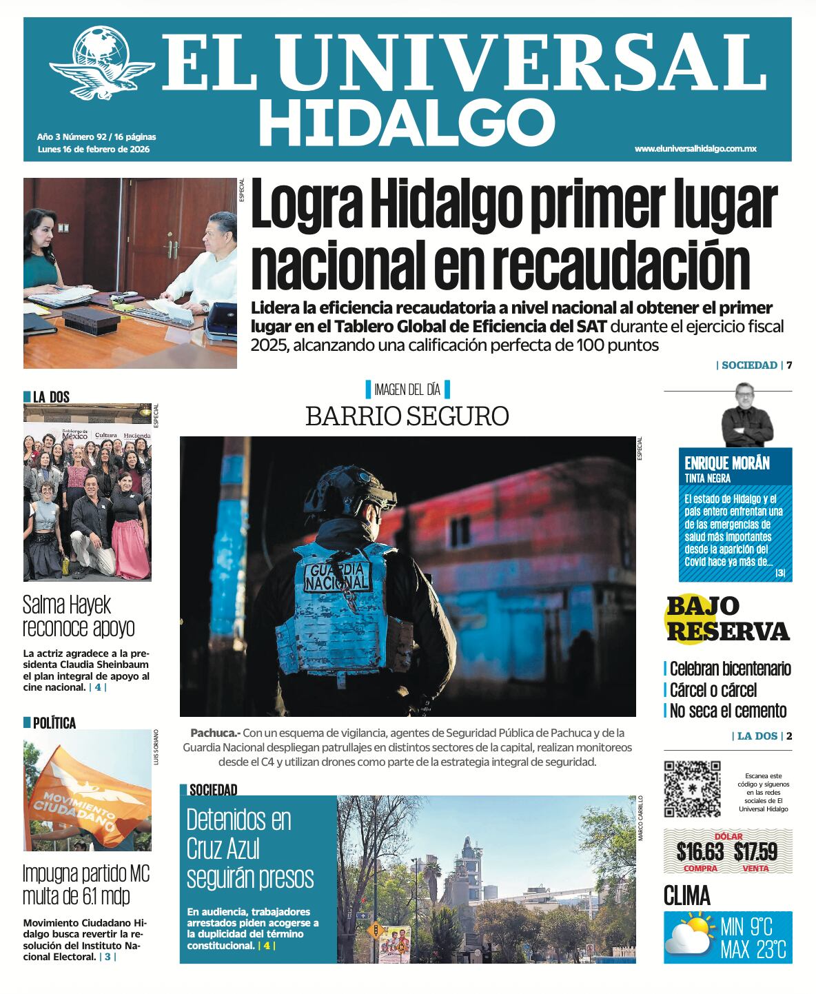 Portada El Universal Hidalgo 16/2/26