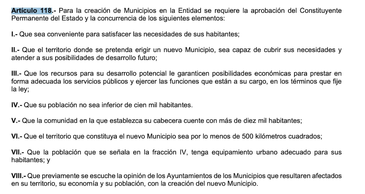 El artículo 118 marca los requisitos para formar un nuevo municipio