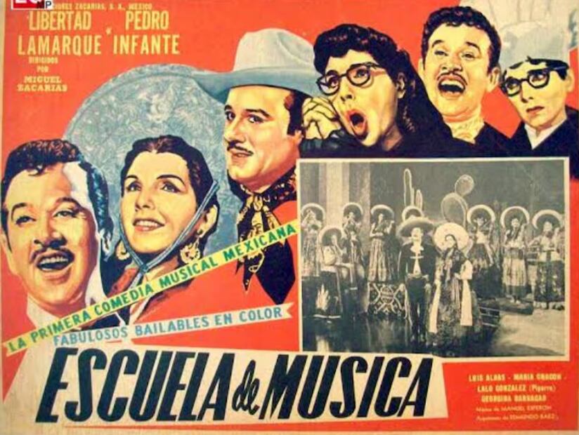Poster de la película Escuela de Música (1955) que protagonizó el Ídolo Pedro Infante y la actriz Libertad Lamarque al lado de la agrupación femenil de mariachis. Colección Particular, Cortesía.