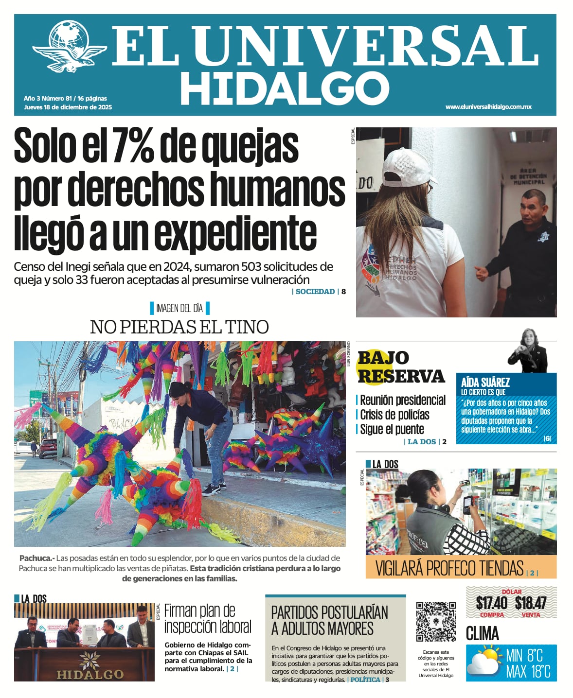 Portada El Universal Hidalgo 181225