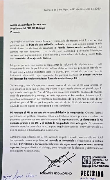 En su carta de renuncia, Benjamín Rico, advierte que su liderazgo ha rendido más frutos fuera del tricolor. Y añade que "la democracia le ha quedado grande a ese PRI, y el partido le ha quedado chico a la gente".