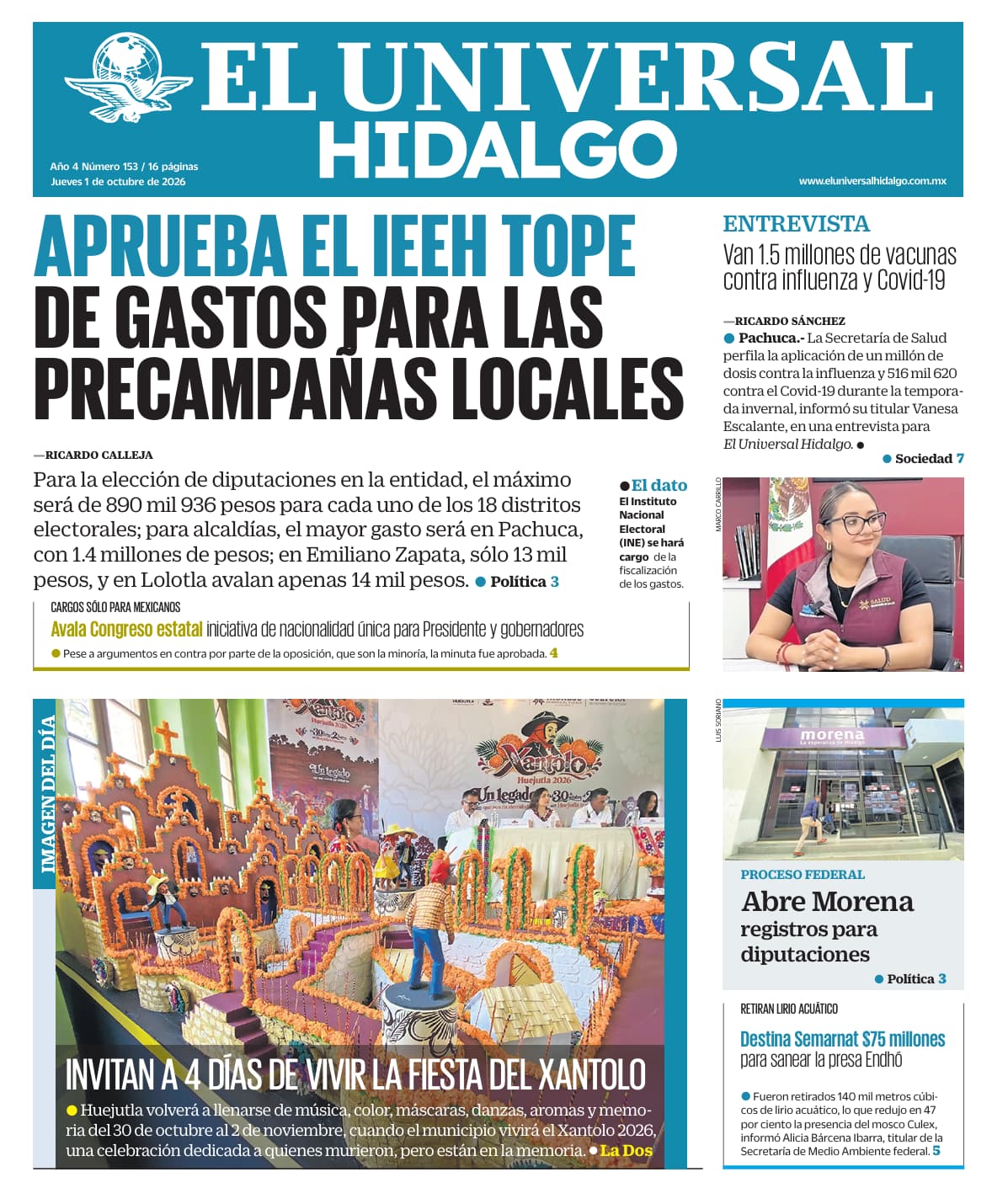 Portada El Universal Hidalgo 1/10/26