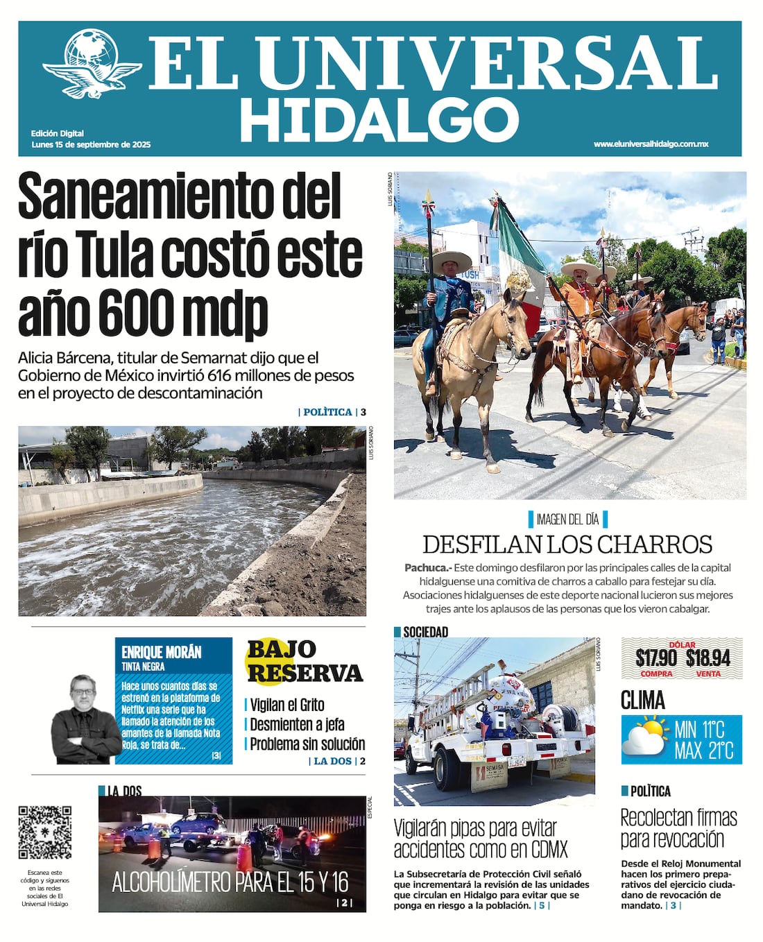 Portada El Universal Hidalgo 150925