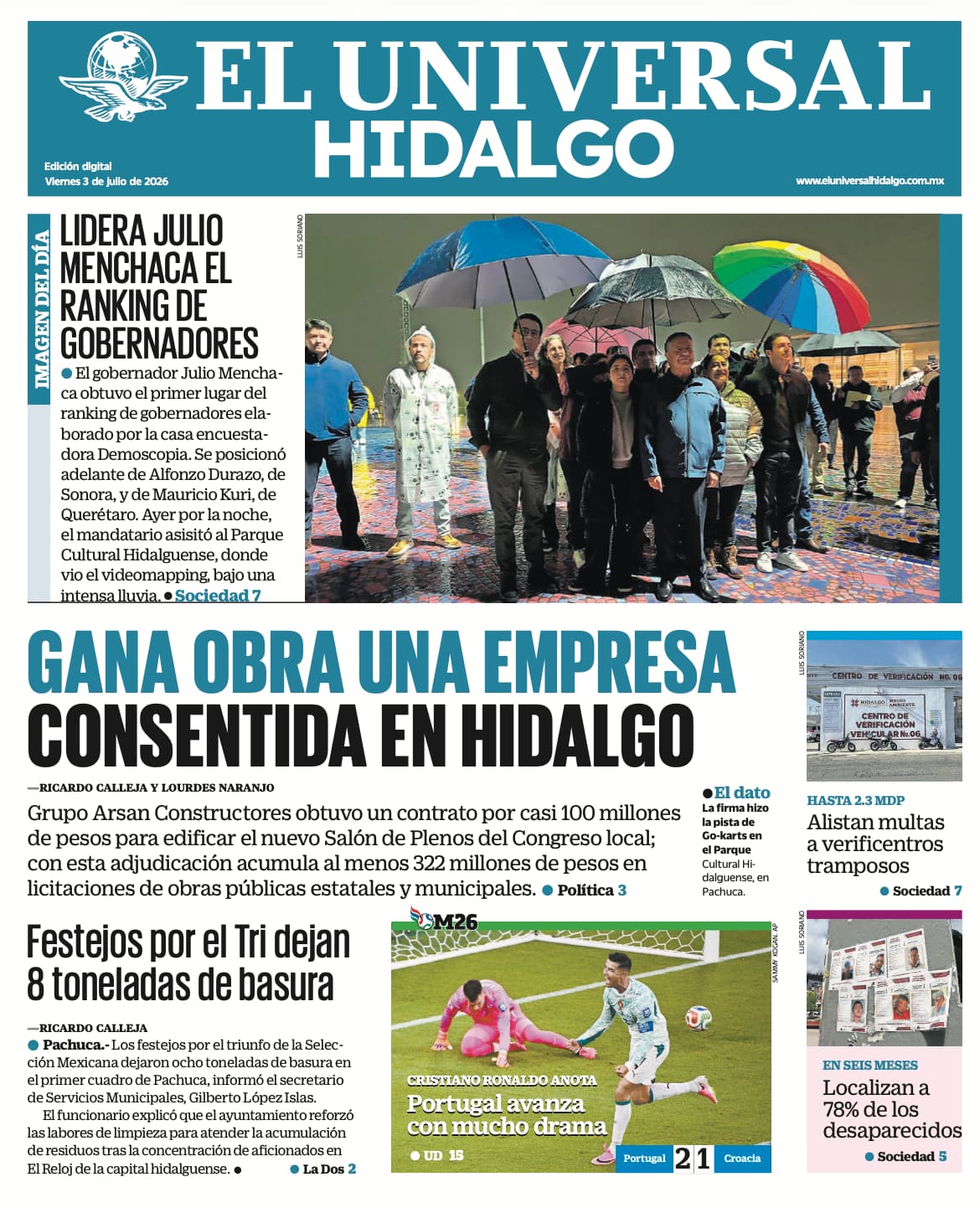 Portada El Universal Hidalgo 3/7/26