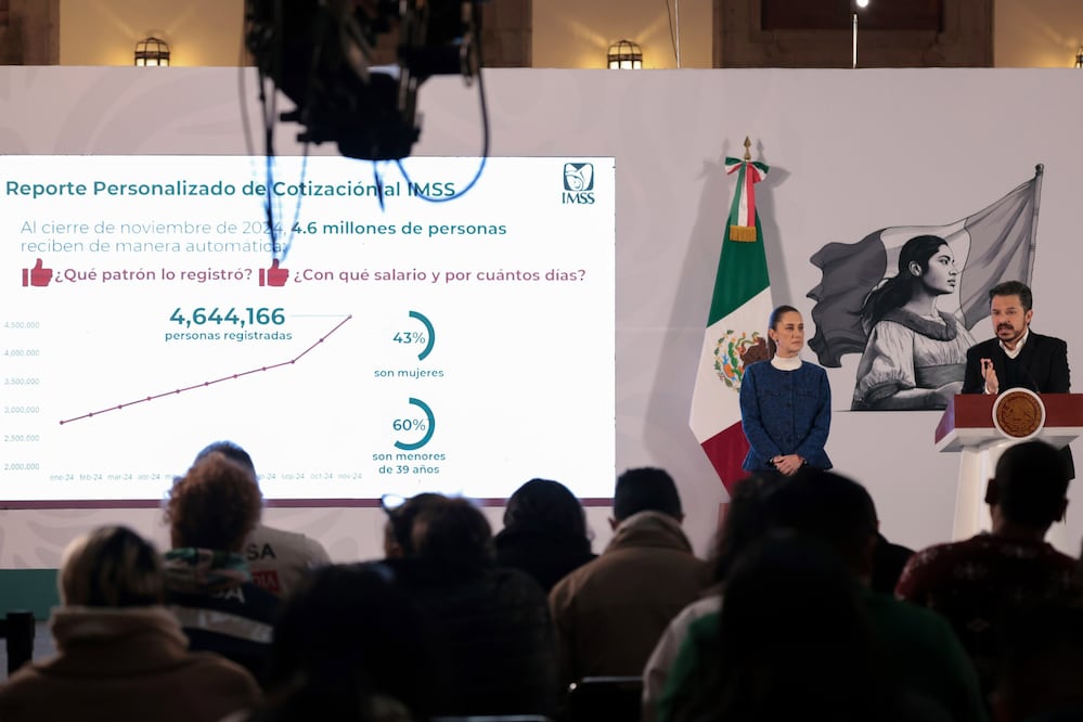 La presidenta de México, Claudia Sheinbaum, en su conferencia de este viernes 6 de diciembre 2024 en Palacio Nacional. Asiste: Zoé Robledo, titular del IMSS.