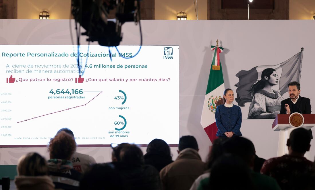La presidenta de México, Claudia Sheinbaum, en su conferencia de este viernes 6 de diciembre 2024 en Palacio Nacional. Asiste: Zoé Robledo, titular del IMSS.