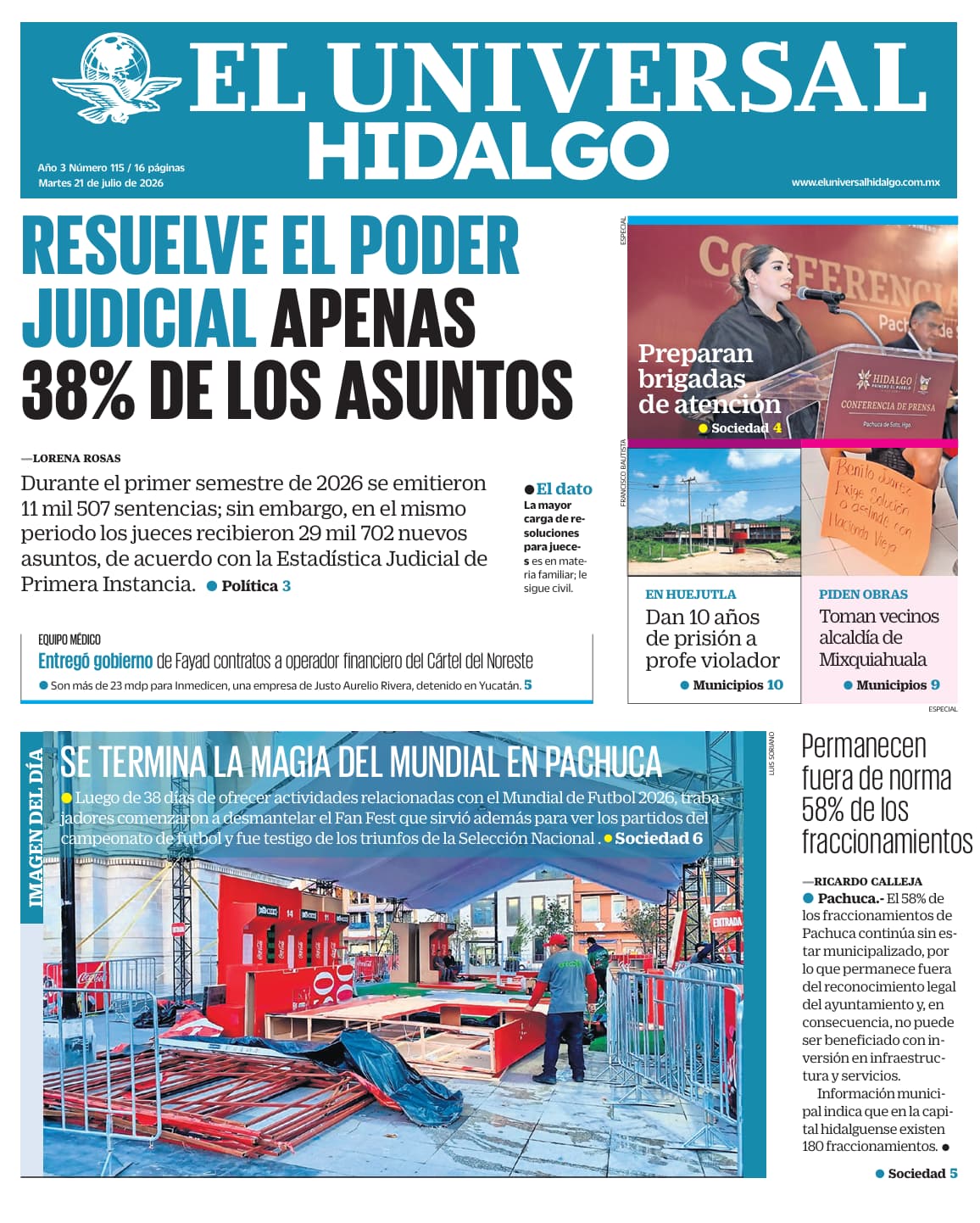 Portada El Universal Hidalgo 21/7/26