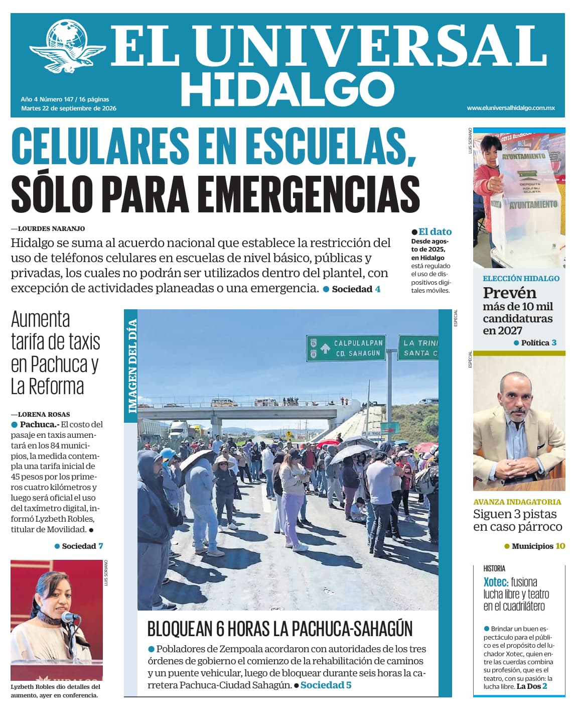 Portada El Universal Hidalgo 22/9/26