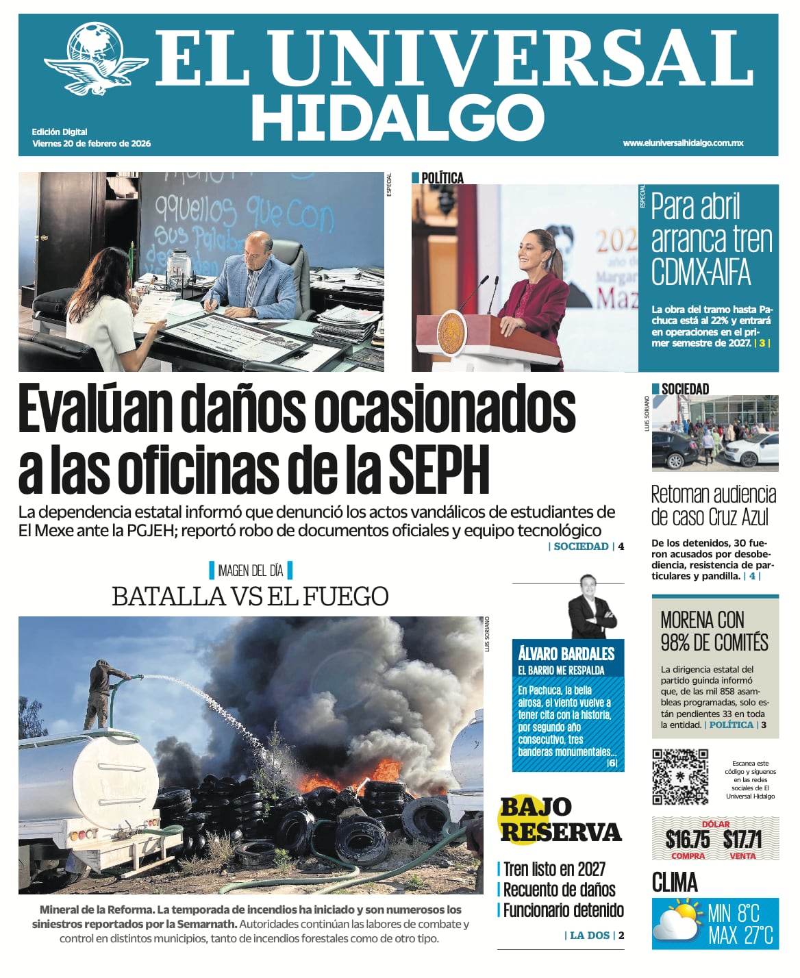 Portada El Universal HIdalgo 20/2/26