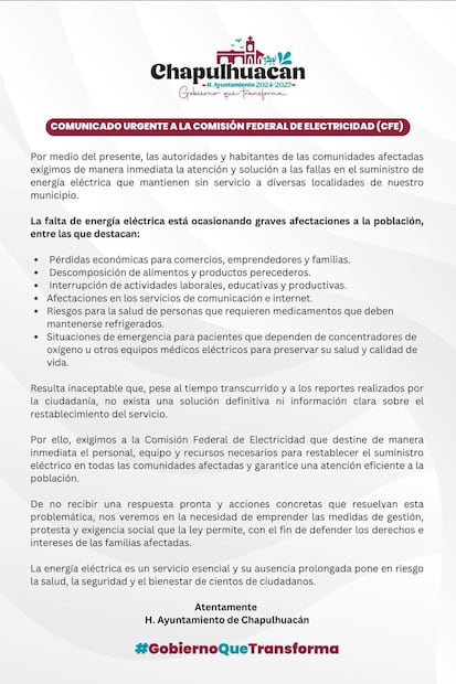 La presidencia municipal de Chapulhuacán señaló que habitantes acusaron fallas de energía eléctrica que mantienen sin el servicio a las localidades I Foto: Especial