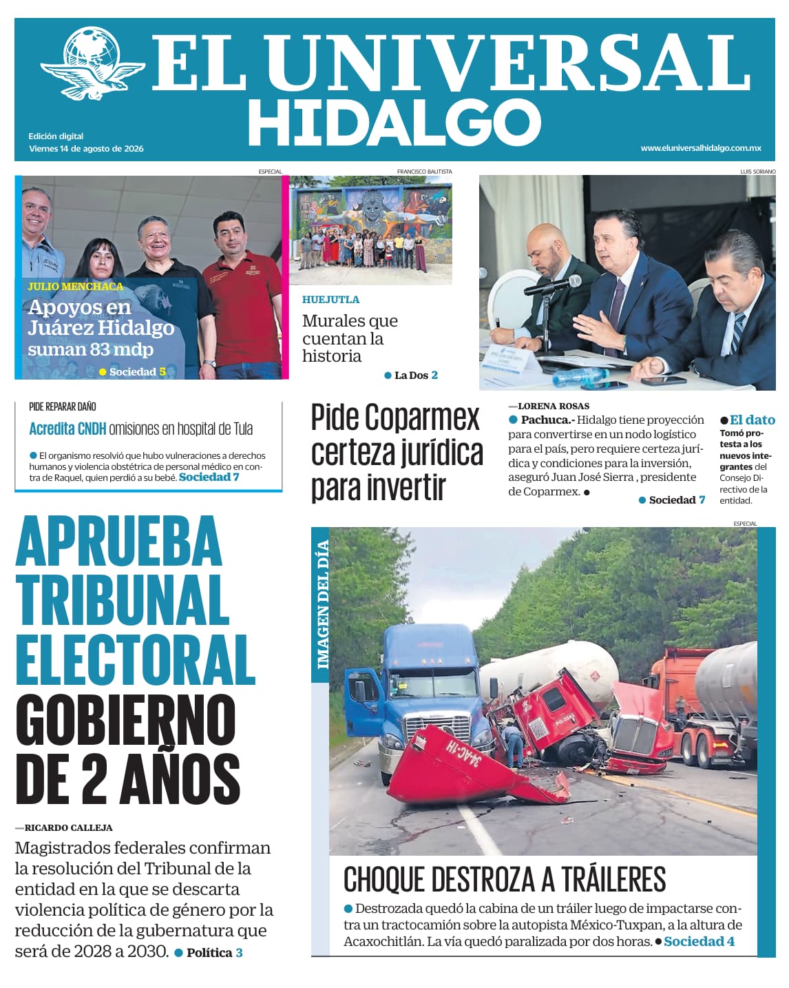 Portada El Universal Hidalgo 14/8/26