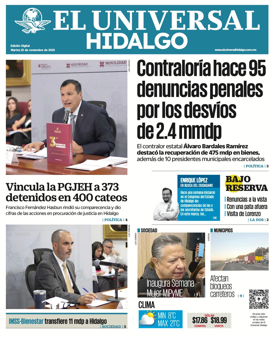 Portada El Universal Hidalgo 251125