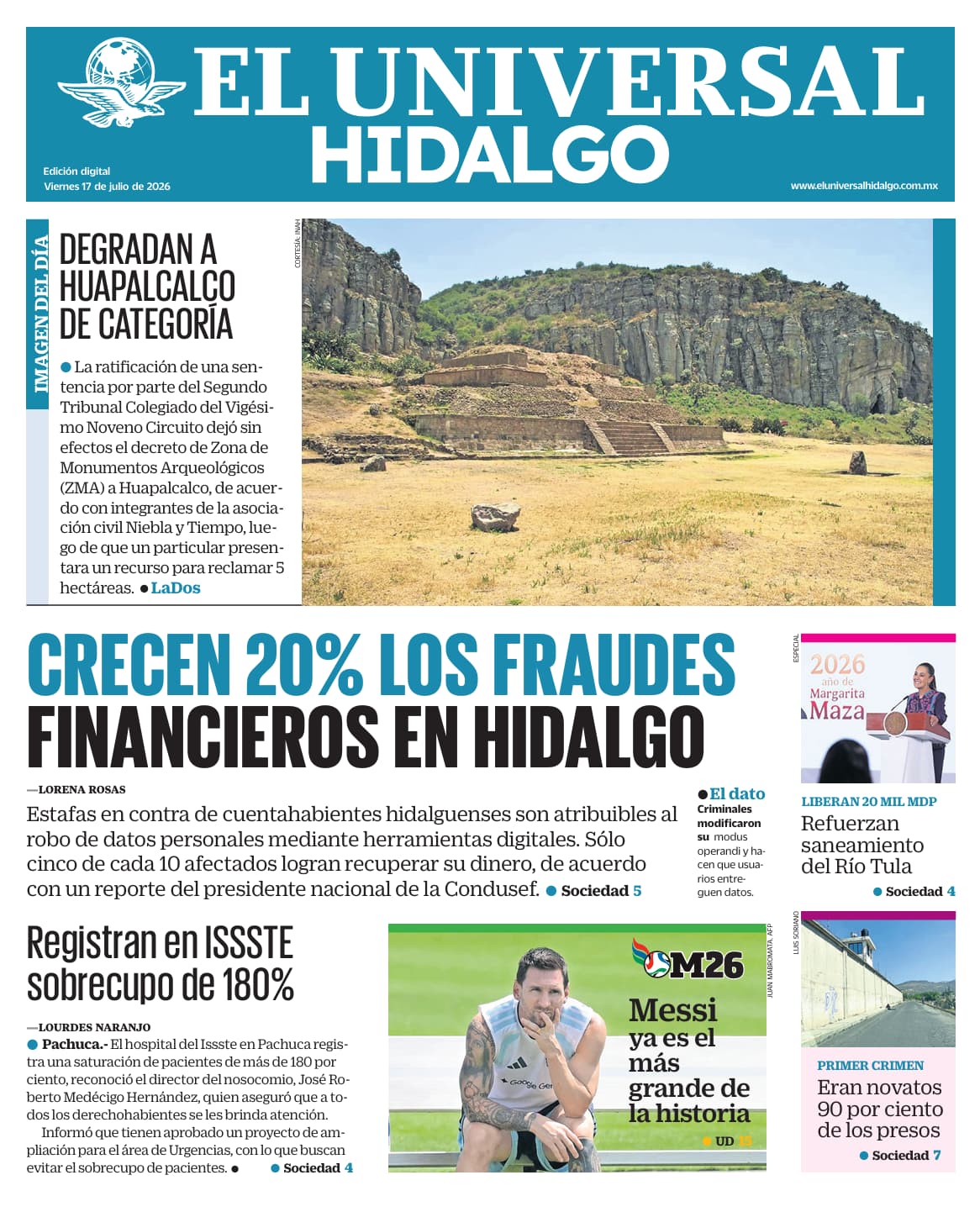 Portada El Universal Hidalgo 17/7/26