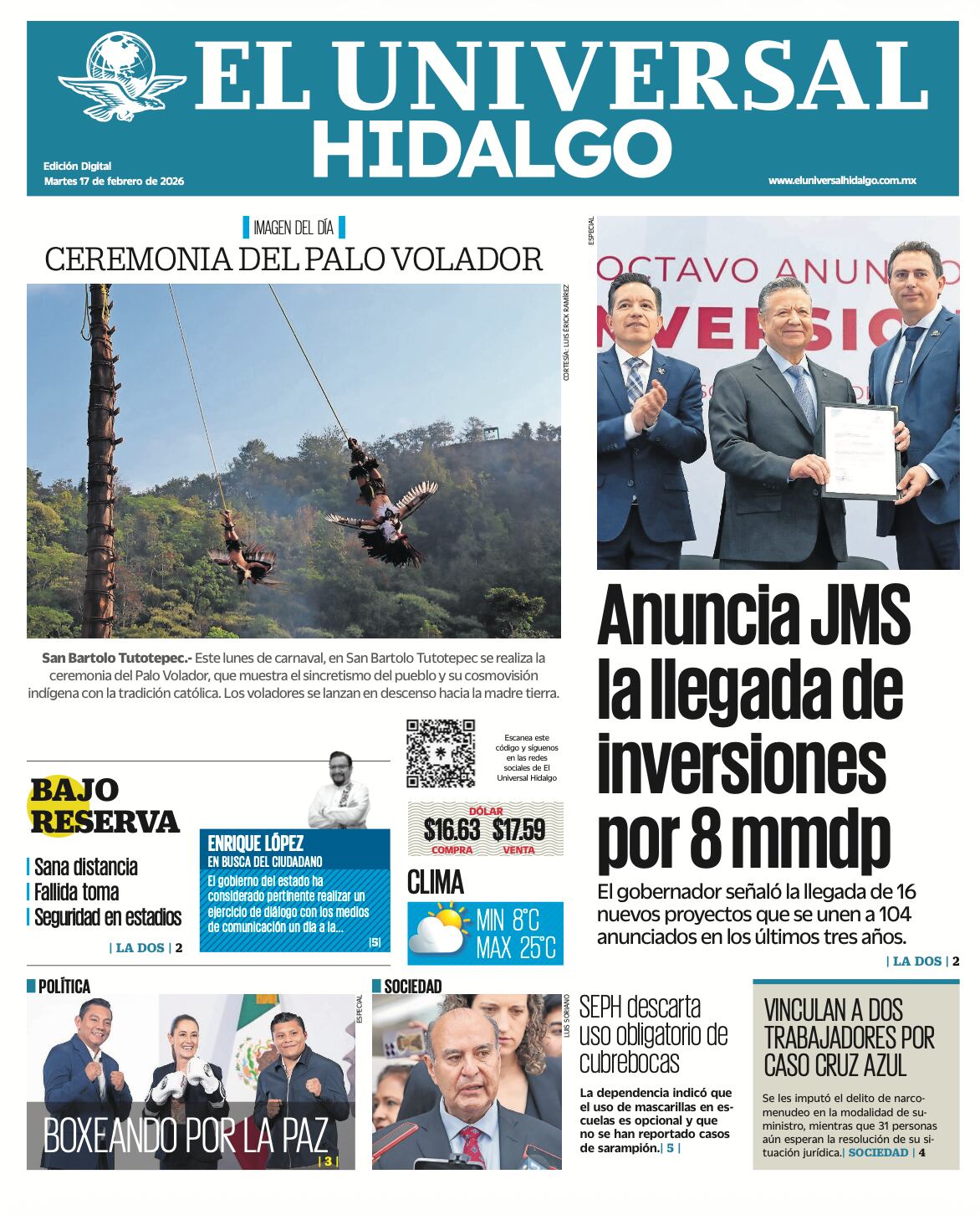 Portada El Universal Hidalgo 17/2/26