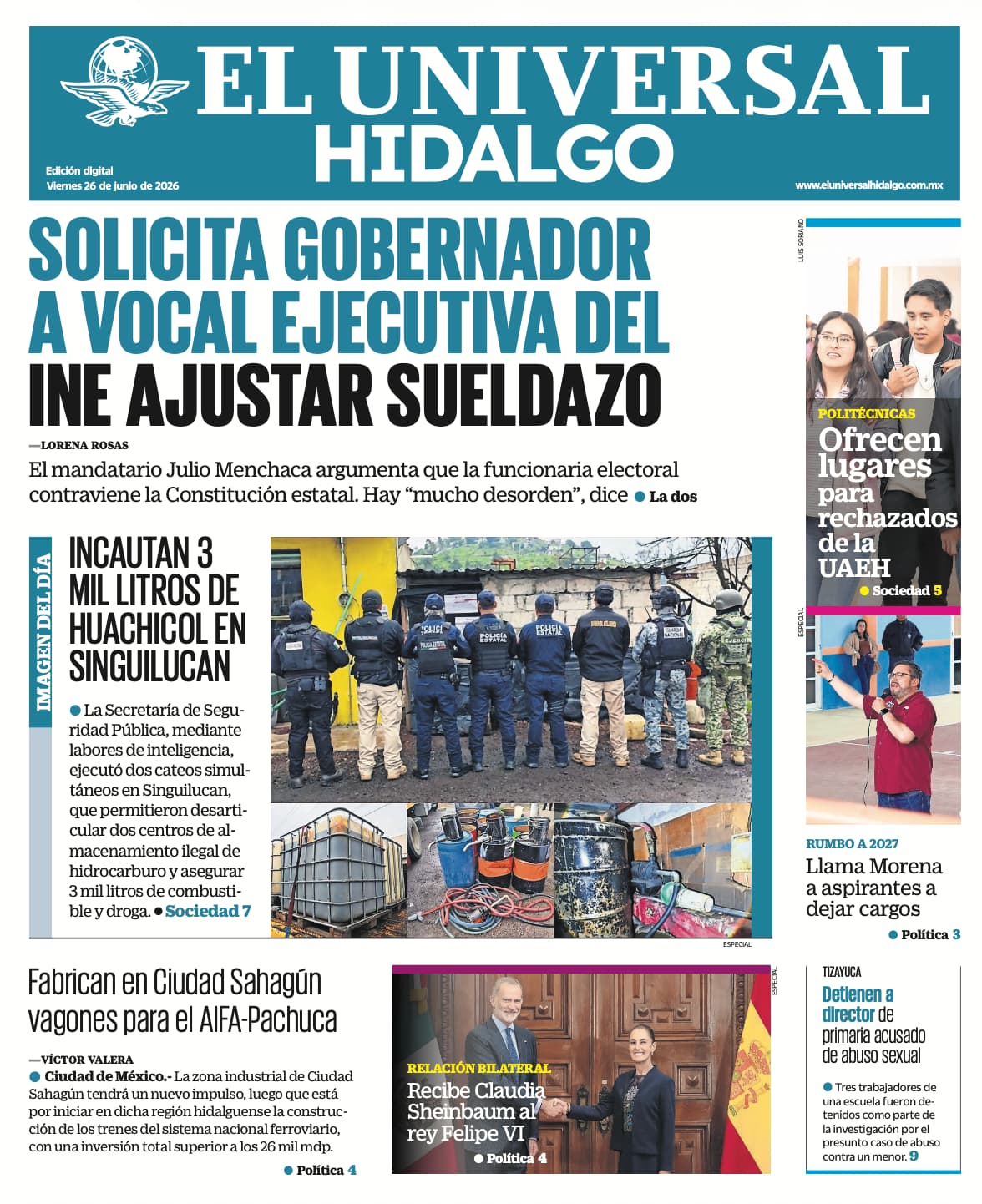 Portada El Universal Hidalgo 26/6/26