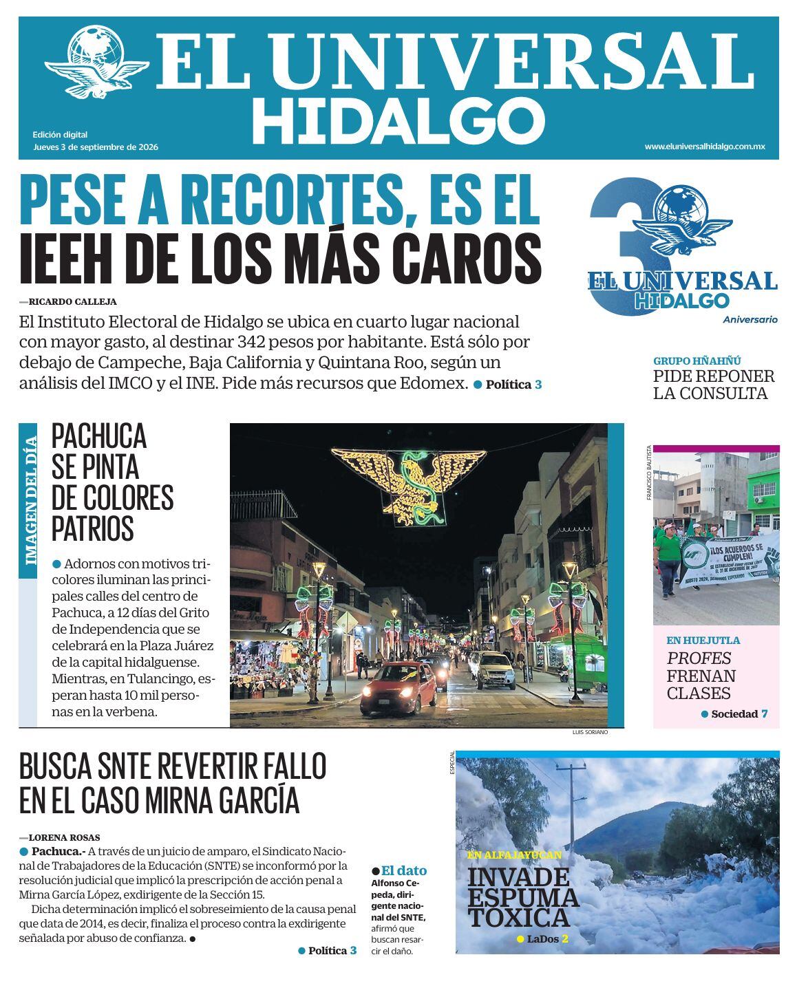 Portada El Universal Hidalgo 3/9/26