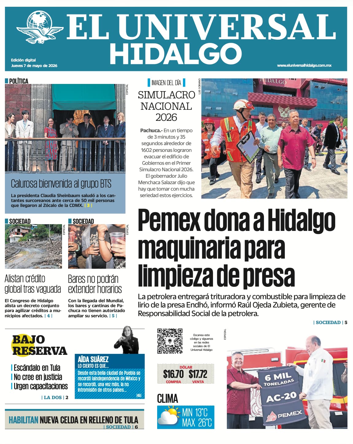 Portada El Universal Hidalgo 7/5/26