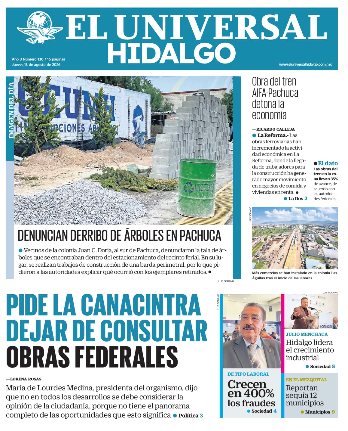 Portada EL Universal Hidalgo 13/8/26