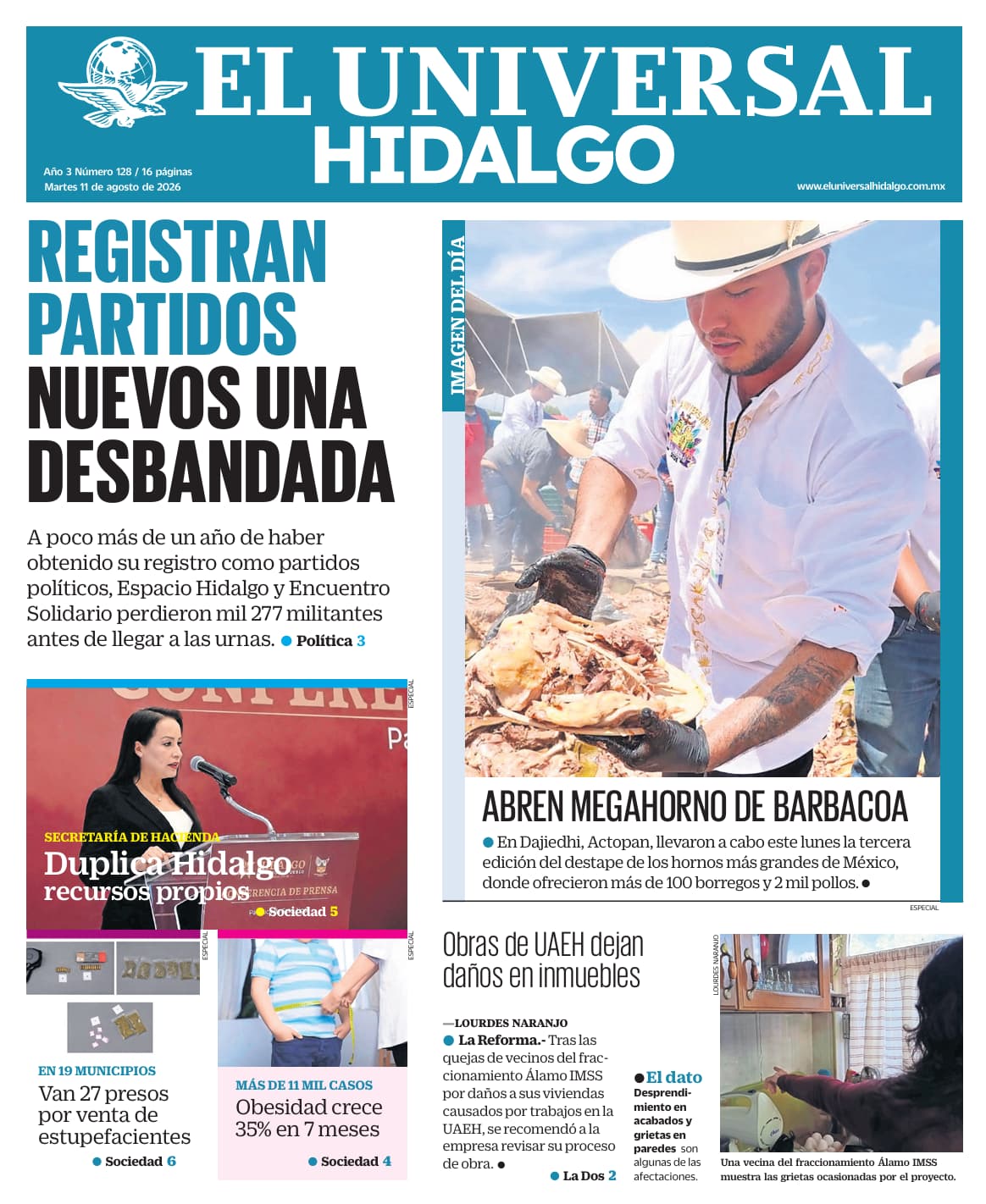 Portada El Universal Hidalgo 11/8/26