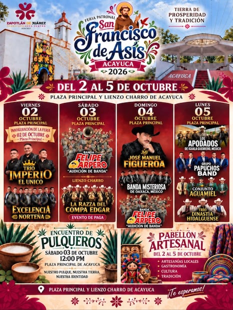 Acayuca alista su Feria Patronal San Francisco de Asís 2026 | Cortesía: Turismo Hidalgo