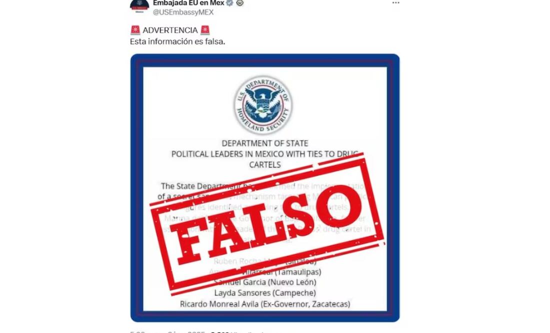 Publicación de la Embajada de Estados Unidos en México. Foto: Captura