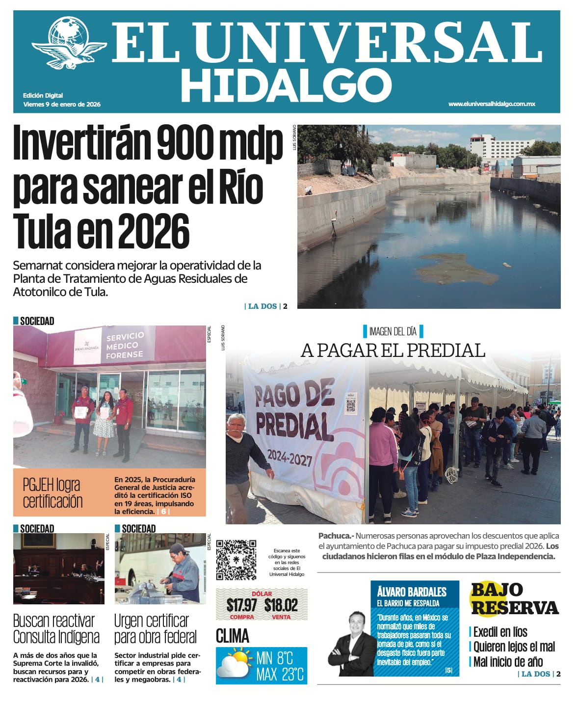 Portada El Universal Hidalgo 9/1/26