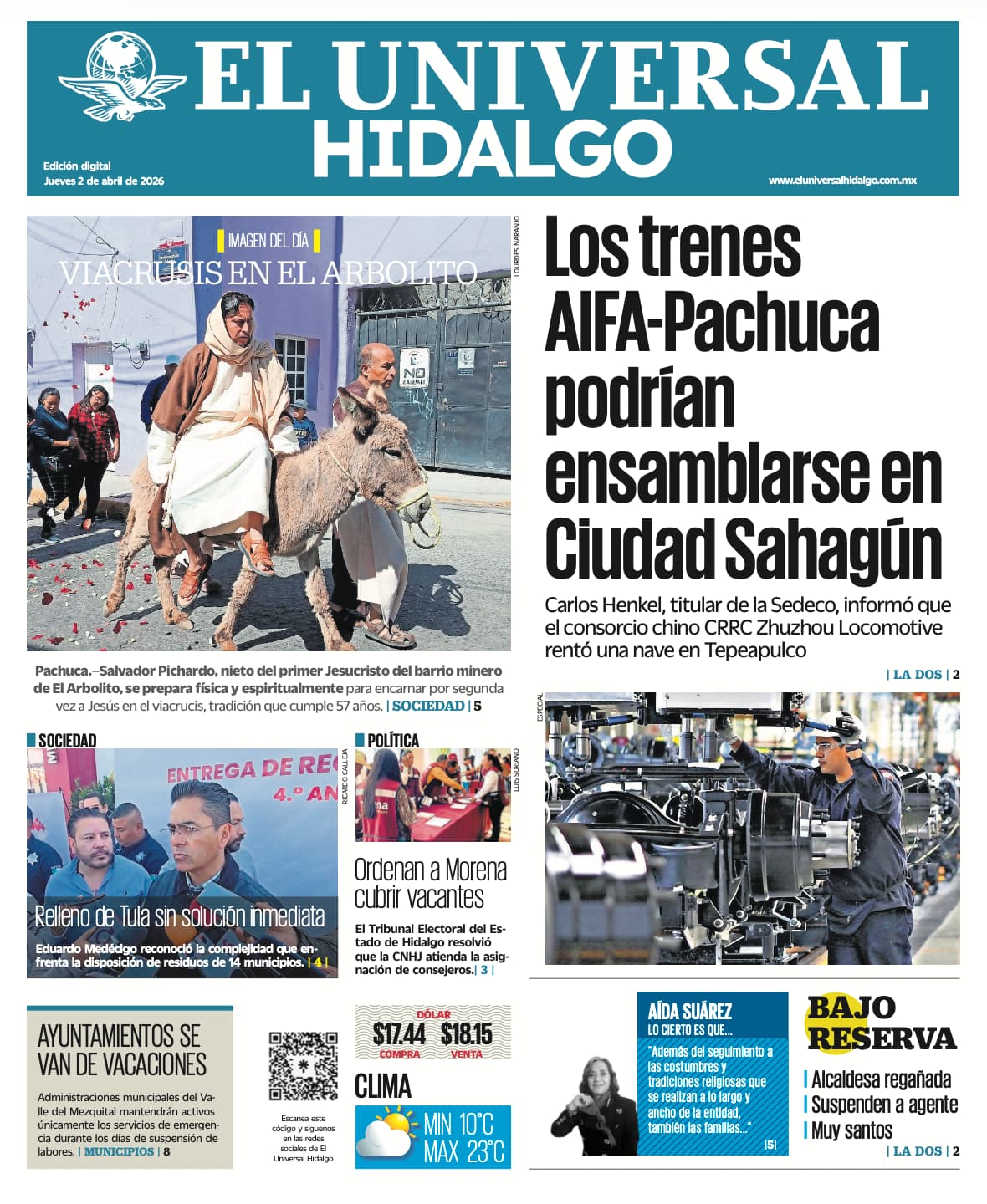 Portada El Universal Hidalgo 2/4/26