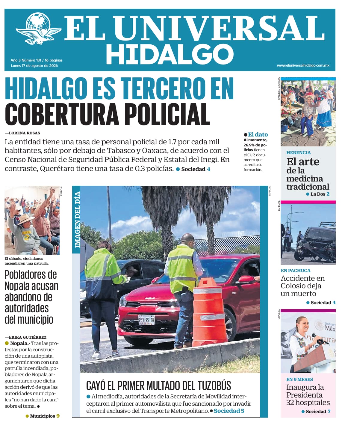 Portada El Universal Hidalgo 17/8/26