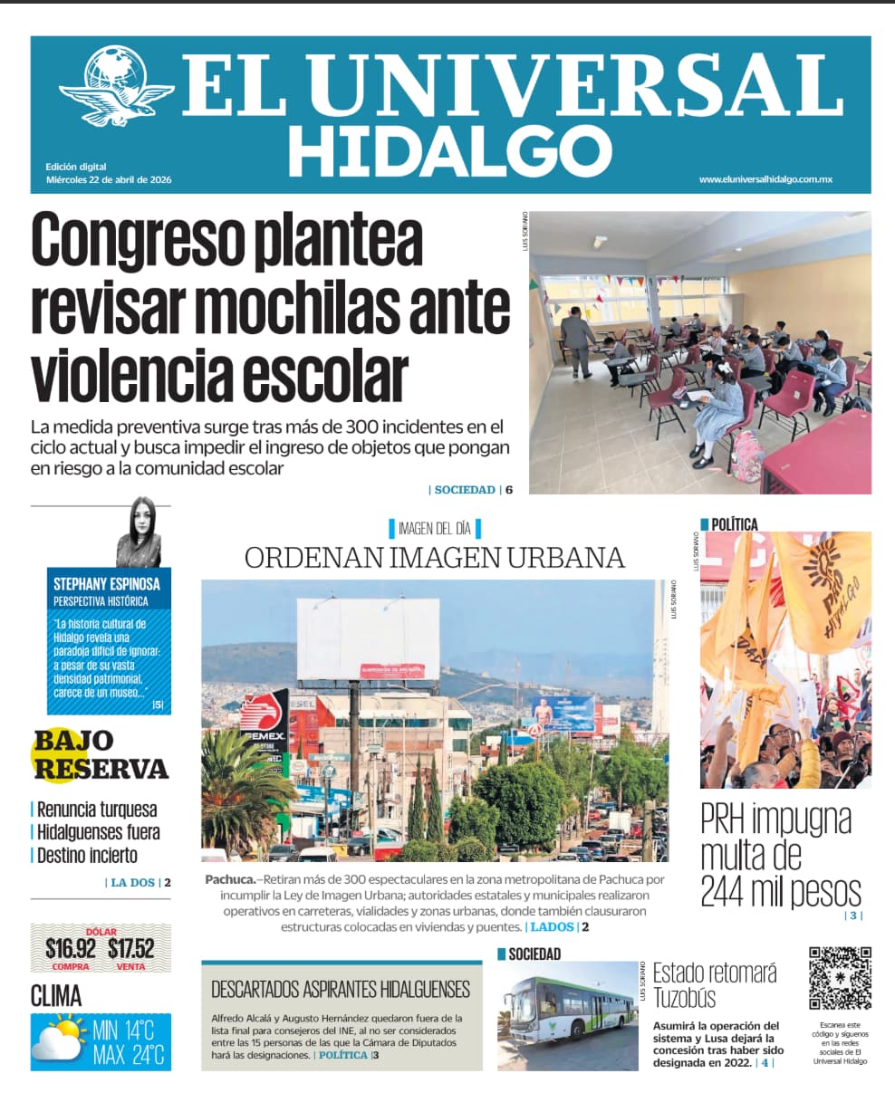 Portada EL Universal Hidalgo 22/4/26