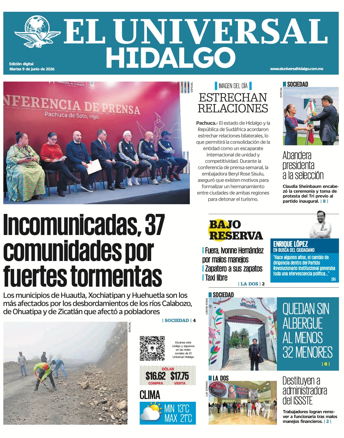 Portada El Universal Hidalgo 9/6/26