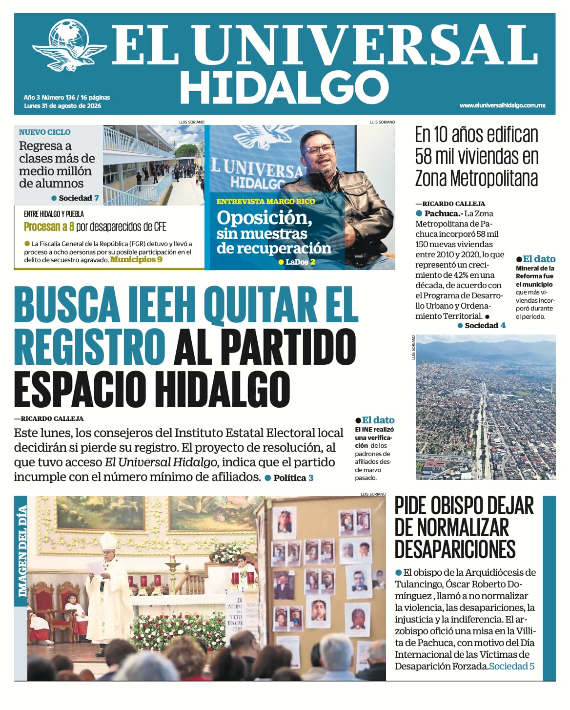 Portada El Universal Hidalgo 31/8/26
