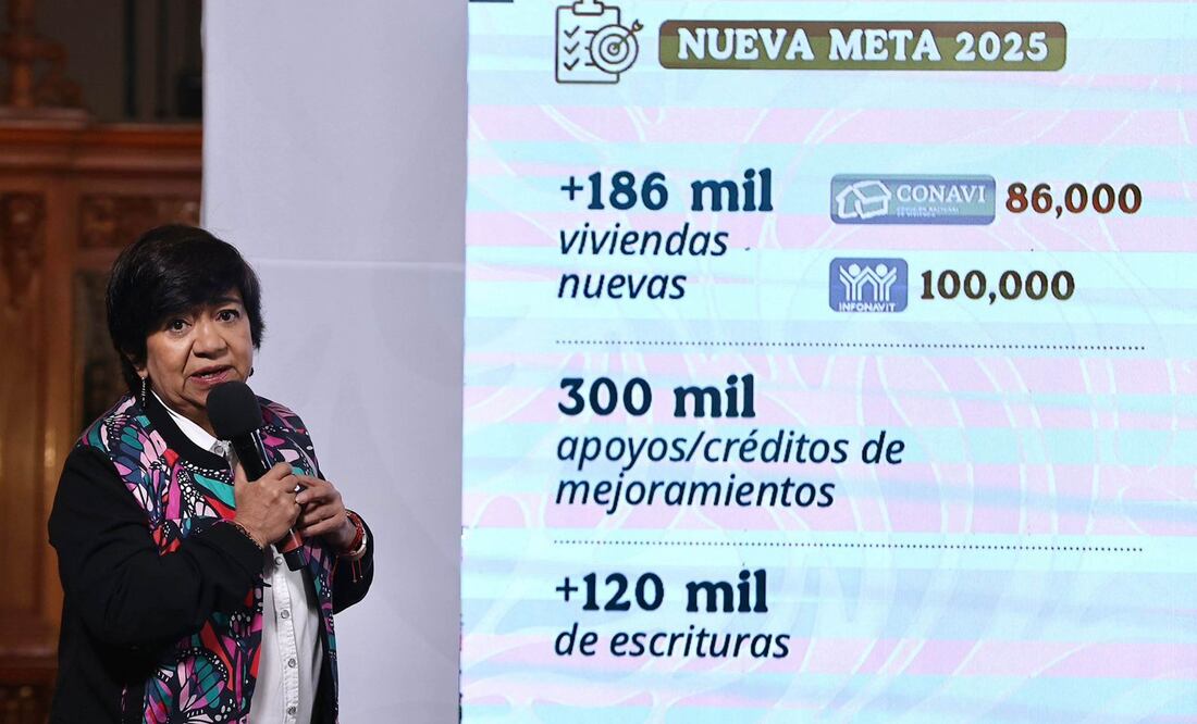 La presidenta de México, Claudia Sheinbaum, en su conferencia de este lunes de abril de 2025 en Palacio Nacional. Asisten: Titular de Profeco, Iván Escalante, Laura Velázquez, coordinadora de Protección Civil, Edna Elena Rangel, titular de Sedatu, Rodrigo Chávez Contreras, director de Conavi, Rocío Mejía Flores, directora de Financiera para el Bienestar, Jabnely Maldonado, titular de Fovissste. Foto: Agencia EL UNIVERSAL/Berenice Fregoso/LCG