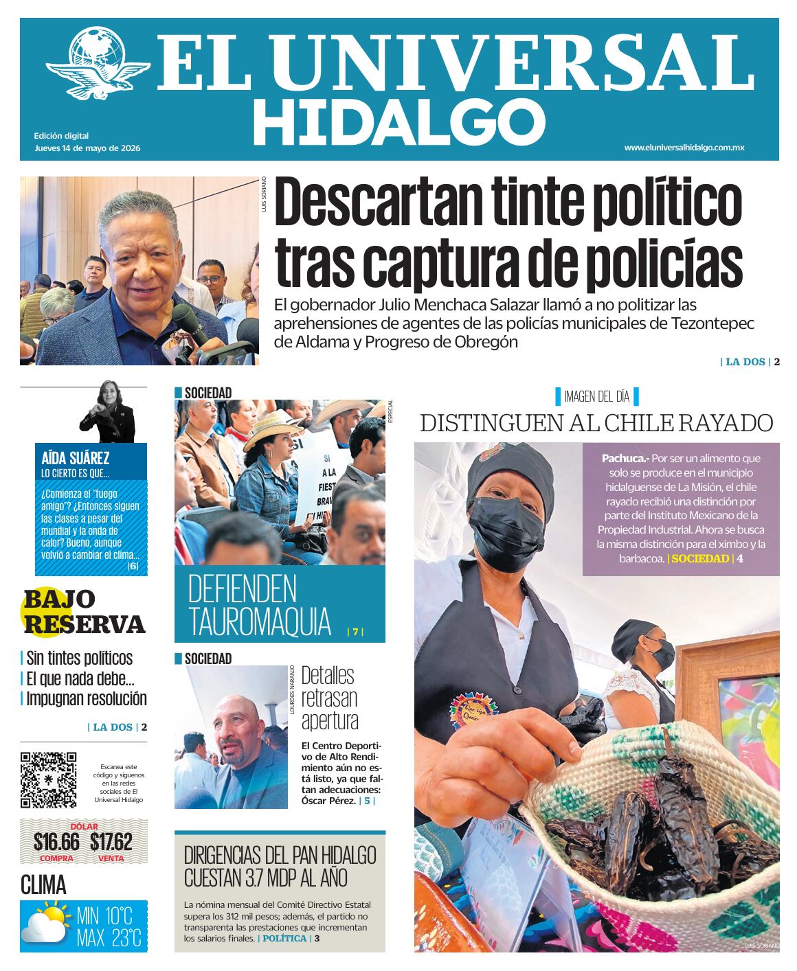 Portada El Universal Hidalgo 14/5/26