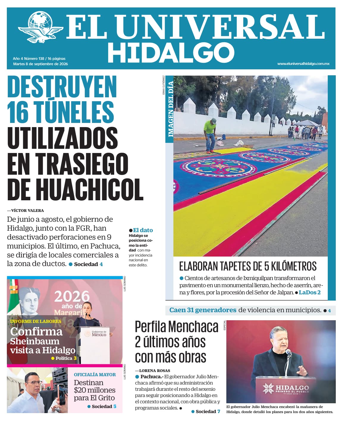 Portada El Universal Hidalgo 8/9/26
