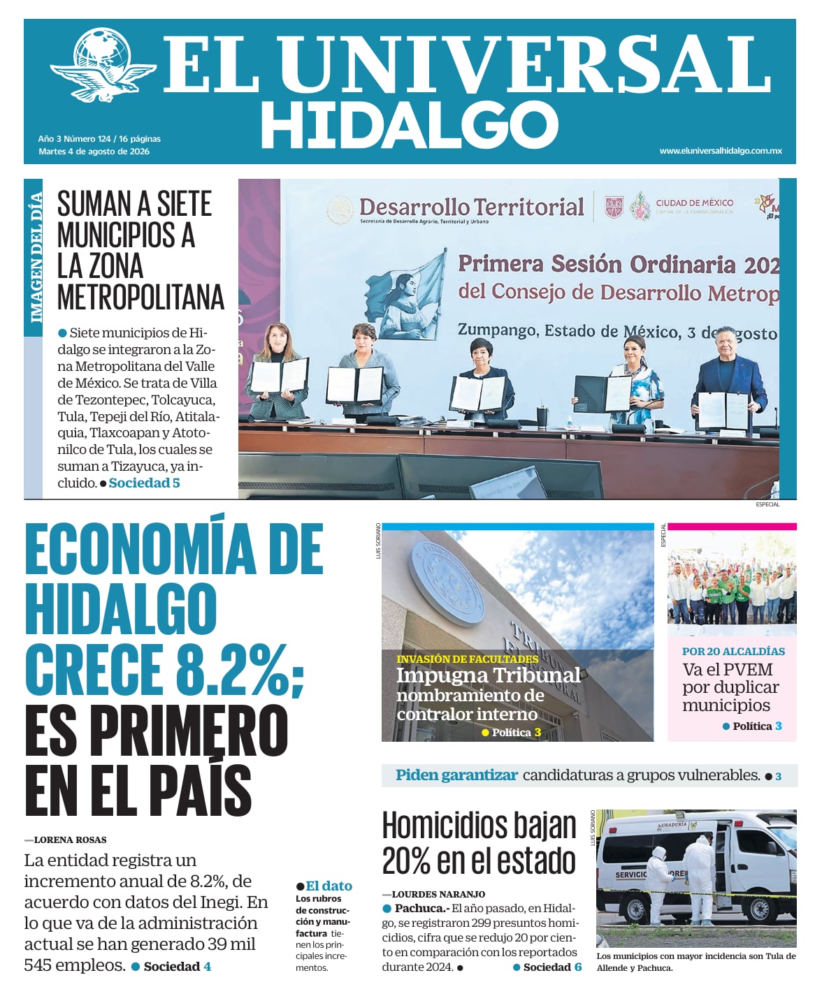 Portada El Universal Hidalgo 4/8/26