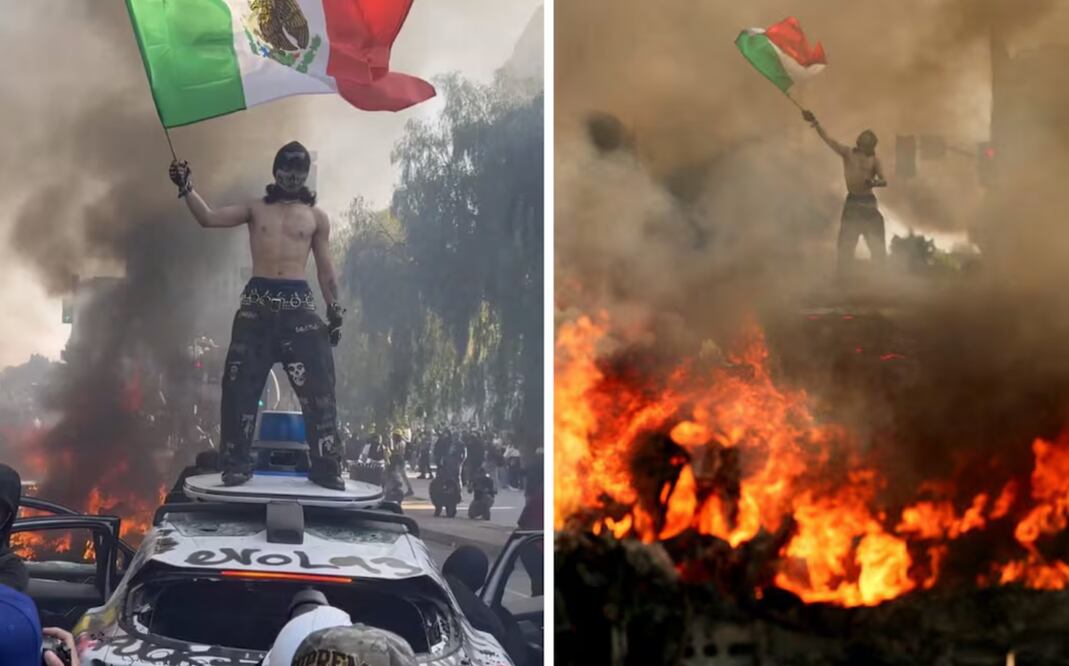 Una fotografía tomada durante las protestas contra ICE en Los Ángeles muestra a un hombre encapuchado ondeando una bandera mexicana Foto: Captura de pantalla en X